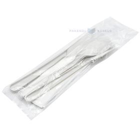 Separately packed reusable KFS set fork, knife, soup spoon and napkin
