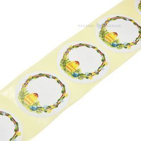 Balta etiķete ar Lieldienu vainagu un olu apdruku diametrs 57mm, 50gb./rullī