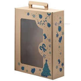 Christmas print corrugated carton box with handle and window 250x350x95mm