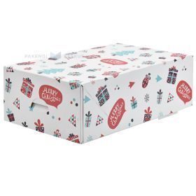 Balta kartona kaste kūkai ar Ziemassvētku dāvanu un egļu apdruku 12,5x21x7cm, 20gb./iepakojumā