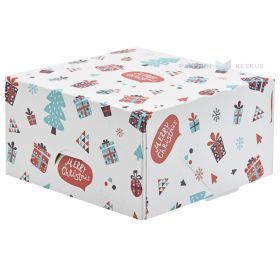 Balta kartona kaste kūkai ar Ziemassvētku dāvanu un eglīšu apdruku 13x13x7cm, 20gb./iepakojumā