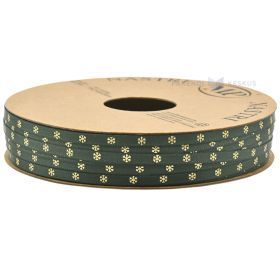 Green with golden snowflakes satin ribbon 4mm wide, 25m/roll