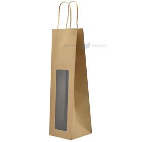 Brown paper bag for wine with window and twisted handles 10,5+10,5x36cm