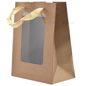 Brown paper bag with square window and ribbon handles 18+10x23cm