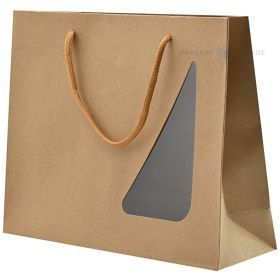 Brūns papīra maiss ar logu un virves rokturiem 25+8x20cm