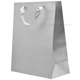 Gray paper bag with ribbon handles 26+12x32cm