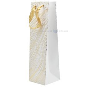 Zelta marmora raksta balts papīra maiss ar lentes rokturiem vīnam 10,5x10,5x36cm