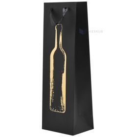 Wine bottle shape print black paper bag for wine with ribbon handles 10,5+10,5x36cm