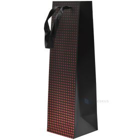 Red dots print black paper bag with ribbon handles for wine 10,5+10,5x36cm