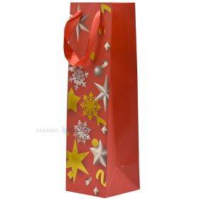 Sarkans papīra maiss vīnam ar zelta krāsas sniegpārslām un pelēkām zvaigznēm ar lentes rokturiem 10,5+10,5x36cm