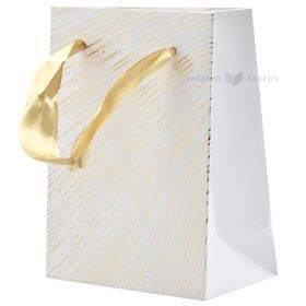 Golden marble stripes white paper bag with ribbon handles 11+6x14cm