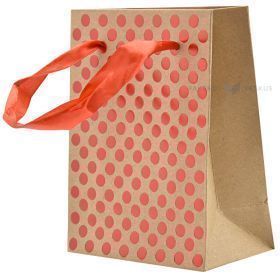 Red dots print craft paper bag with ribbon handles 11+6x14cm