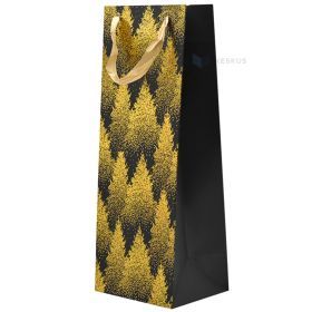 Golden trees print black paper bag for wine with ribbon handles 15+12x40cm