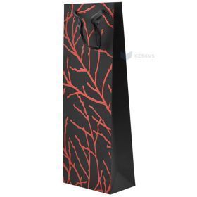 Red branches print black paper bag for wine with ribbon handles 15+8x40cm