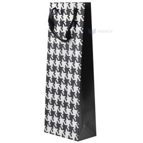 Black-white houndstooth pattern print paper bag for wine with ribbon handles 15+8x40cm