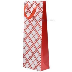 Red rhombus print white paper bag for wine with ribbon handles 15+8x40cm