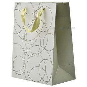 Greenish circles gray paper bag with ribbon handles 18+10x23cm