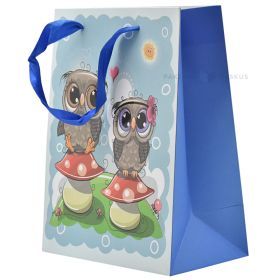 Two owls on top of mushrooms print paper bag with ribbon handles 18+10x23cm