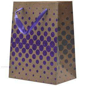 Spīdīgs ar purpura krāsas apļiem papīra maiss ar lentes rokturiem  18+10x23cm