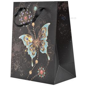 Butterfly print patchy black paper bag with ribbon handles 18+10x23cm