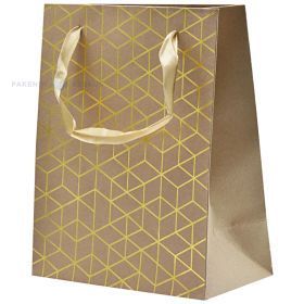 Kraftpapīra maiss ar zeltainu rombu apdruku un ar lentes rokturiem 18+10x23cm