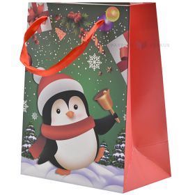 Penguin print green paper bag with ribbon handles 18+10x23cm