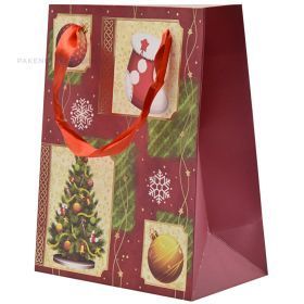 Tree and ornaments on squares print paper bag with ribbon handles 18+10x23cm