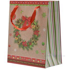 Papīra dāvanu maiss ar Adventes vainaga apdruku un lentes rokturiem 18+10x23cm