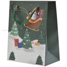 Trees and Santa print green paper bag with ribbon handles 18+10x23cm