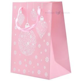White ornaments print light pink paper bag with ribbon handles 18+10x23cm