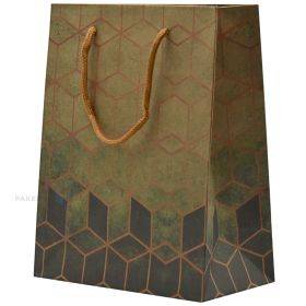 Zaļš papīra maiss ar rombu apdruku ar virves rokturiem  18+10x23cm