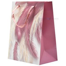 Pink and beige feathers paper bag with ribbon handles 18+10x23cm
