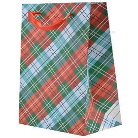 Red-green-white checkered paper bag with ribbon handles 18+10x23cm