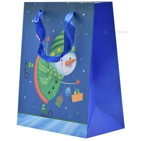 Snowman elf print blue paper bag with ribbon handles 18+10x23cm