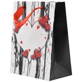 Red hearts print black-white striped paper bag with ribbon handles 18+10x23cm