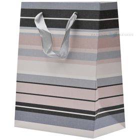 Black, pink and gray stripes paper bag with ribbon handles 18+10x23cm