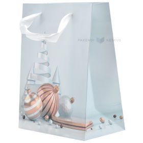 Sipral tree and ornaments print bluish paper bag with ribbon handles 18+10x23cm