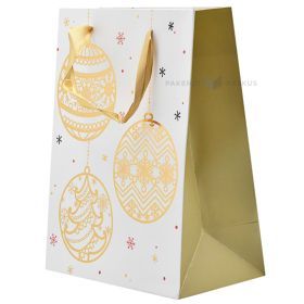 Round golden ornaments print white paper bag with ribbon handles 18+10x23cm