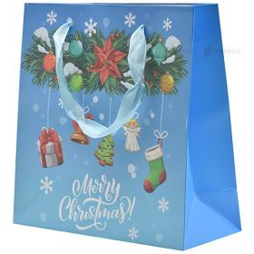 Christmas wreath and socks print blue paper bag with ribbon handles 20+8x20cm