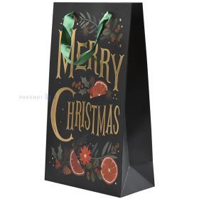 Melns papīra dāvanu maiss ar apelsīnu šķēļu un Merry Christmas apdruku un lentes rokturiem 20+10x35cm