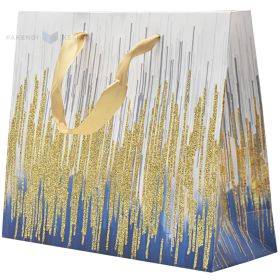 Ice crystal print bluish paper bag with ribbon handles 25+8x20cm
