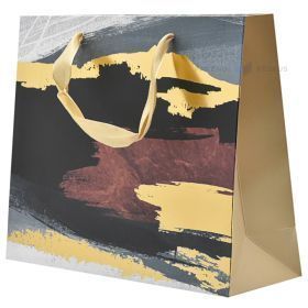 Black-golden-brown-gray patches print paper bag with ribbon handles 25+8x20cm