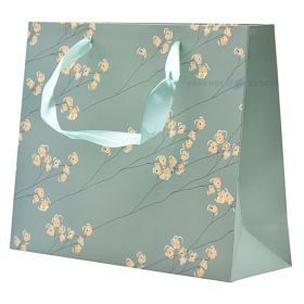 Yellow gentle flowers green paper bag with ribbon handles 25+8x20cm