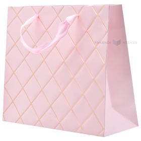 Golden edged rhombus pink paper bag with ribbon handles 25+8x20cm