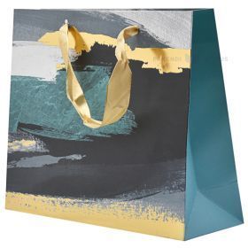 Black-golden-blue-gray patches print paper bag with ribbon handles 25+8x20cm