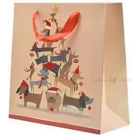 Bēšs papīra maiss ar suņu apdruku un lentes rokturiem 25+10x25cm
