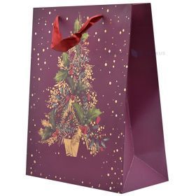 Decorated Christmas tree print purple paper bag with ribbon handles 26+12x32cm