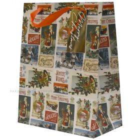 Vintage Christmas pictures paper bag with ribbon handles 26,5+13,5x32,5cm