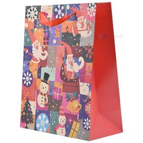 Santa Clauses and snowmen print checkered paper bag with ribbon handles 26+12x32cm