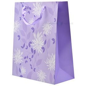 White flowers print purple paper bag with ribbon handles 26+12x32cm
